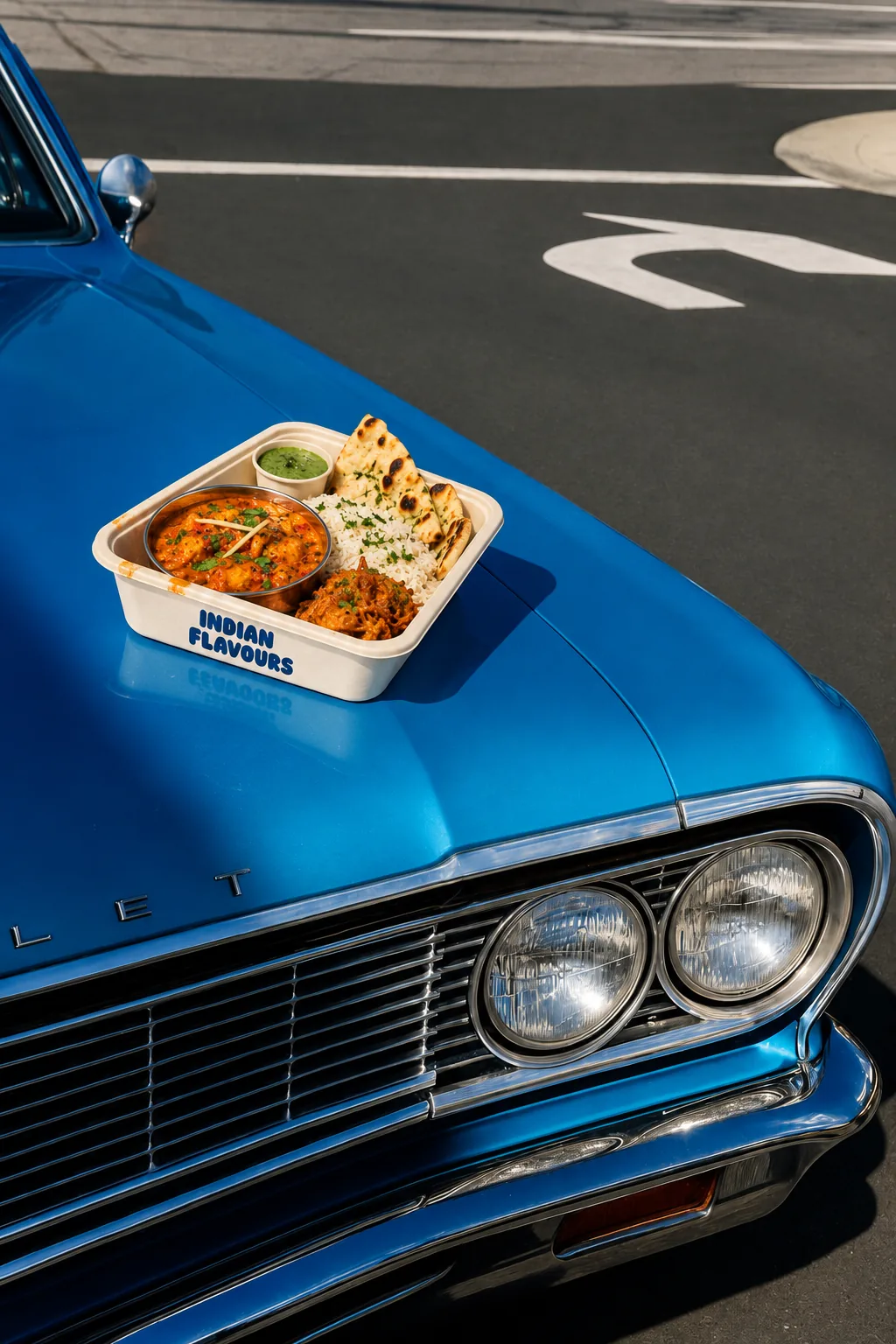 Indian Flavours food advertising concept on a blue car
